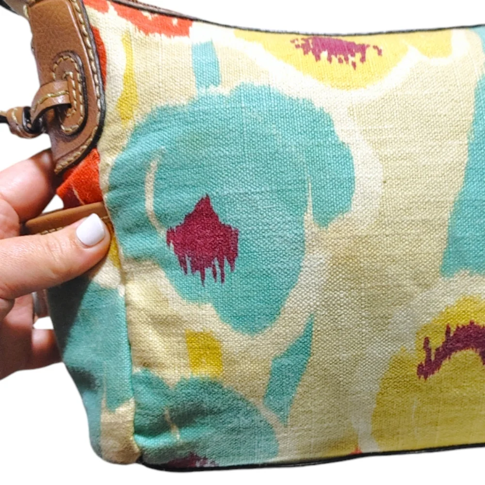 Fossil Colorful Floral Canvas Leather Boho Style Bag Handbag Purse Satchel
